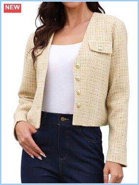 Tweed Cropped Blazer Collarless Button Down Business Casual Jacket